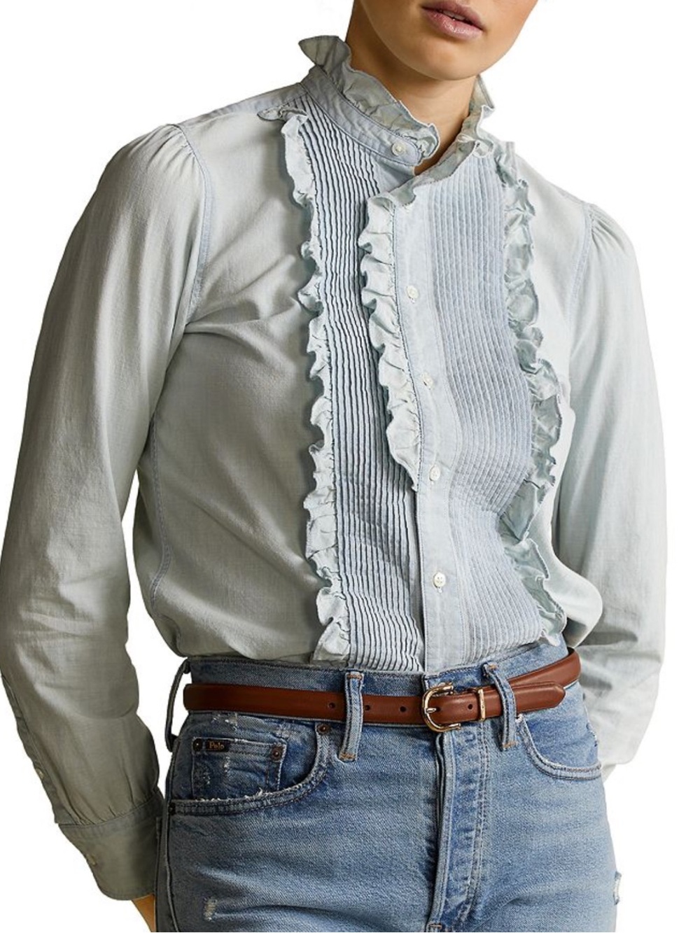 Ralph Lauren RUFFLE-TRIM CHAMBRAY Button Up Cotton SHIRT in light denim
